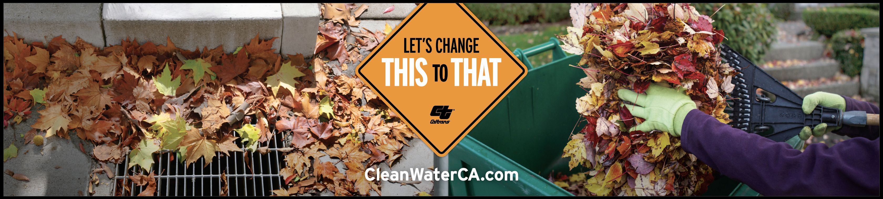 Let's Change This To That - stormwater pollution reduction campaign - image of a leaves blocking storm drain and leaves being collected in a green waste container