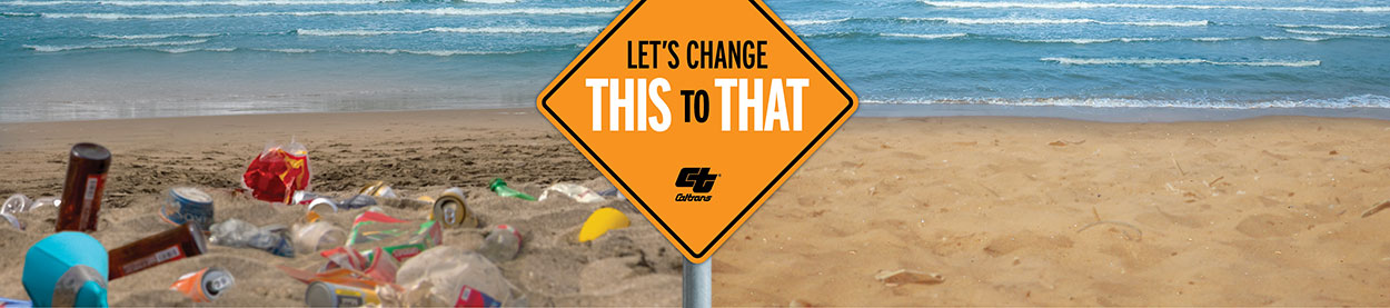 Let's Change This to That - Stormwater Education Campaign, picture of a San Diego beach with litter clean up before and after.