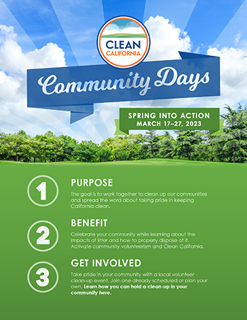 Flier: Clean California Community Days - Spring Into Action - March 17-27, 2023
