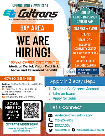 Caltrans in-person career fair: November 13, 2021 - Caltrans District 4, San Jose