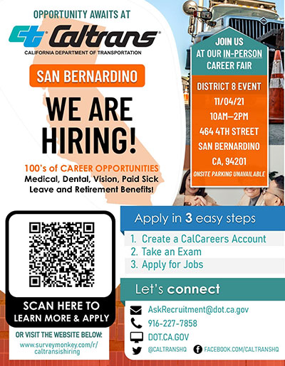 Caltrans in-person career fair: November 4, 2021 - Caltrans District 8 Headquarters, San Bernardino