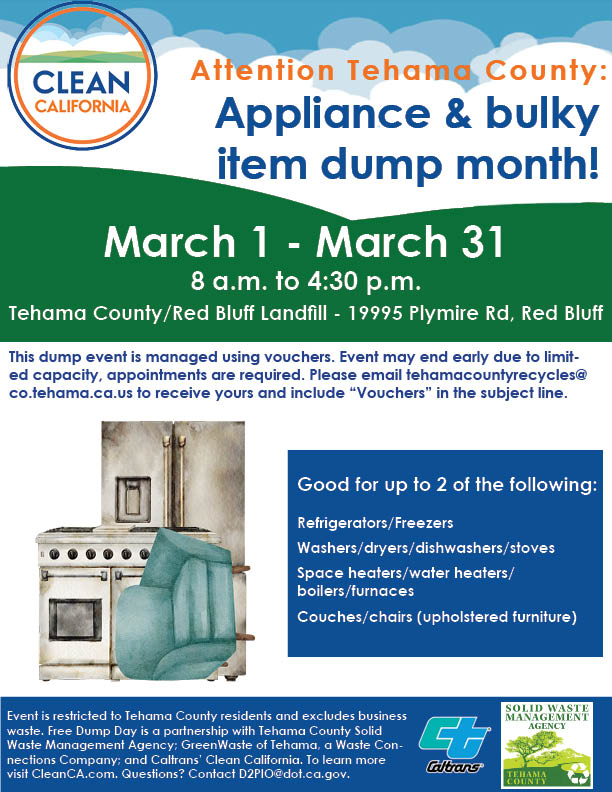 Flier for Tehama County Dump Month. See accompanying text for transcription.